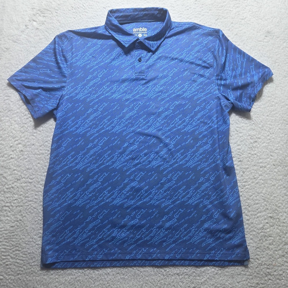 Amble Golf Polo Men Large Blue Abstract Topographic Print Short Sleeve Shirt